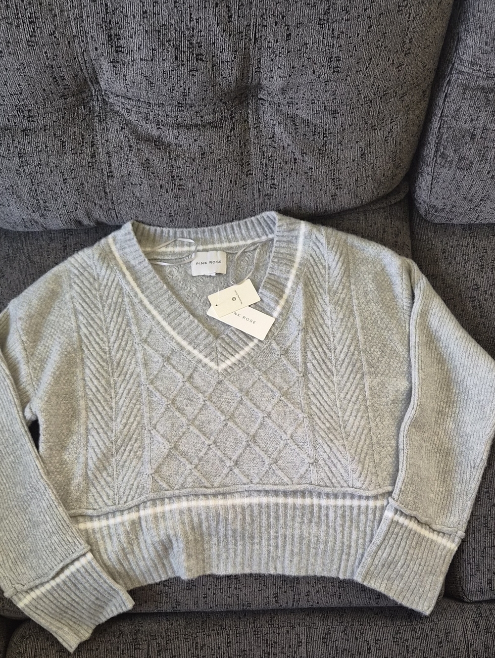 Pink Rose Women's Heather Gray Cable Knit V-Neck Sweater